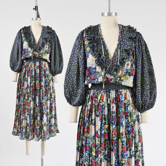 Vintage 80s Blue Floral Ruffle Neck Balloon Sleeve Pleated Midi Dress size S M - Picture 1 of 9